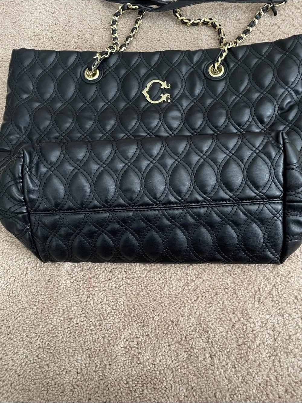 C. Wonder Quilted Black Tote with Gold Chain Handles